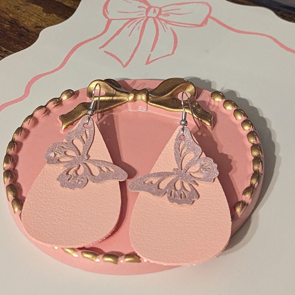 Pink Faux Leather Butterfly Accent Earrings NEW!